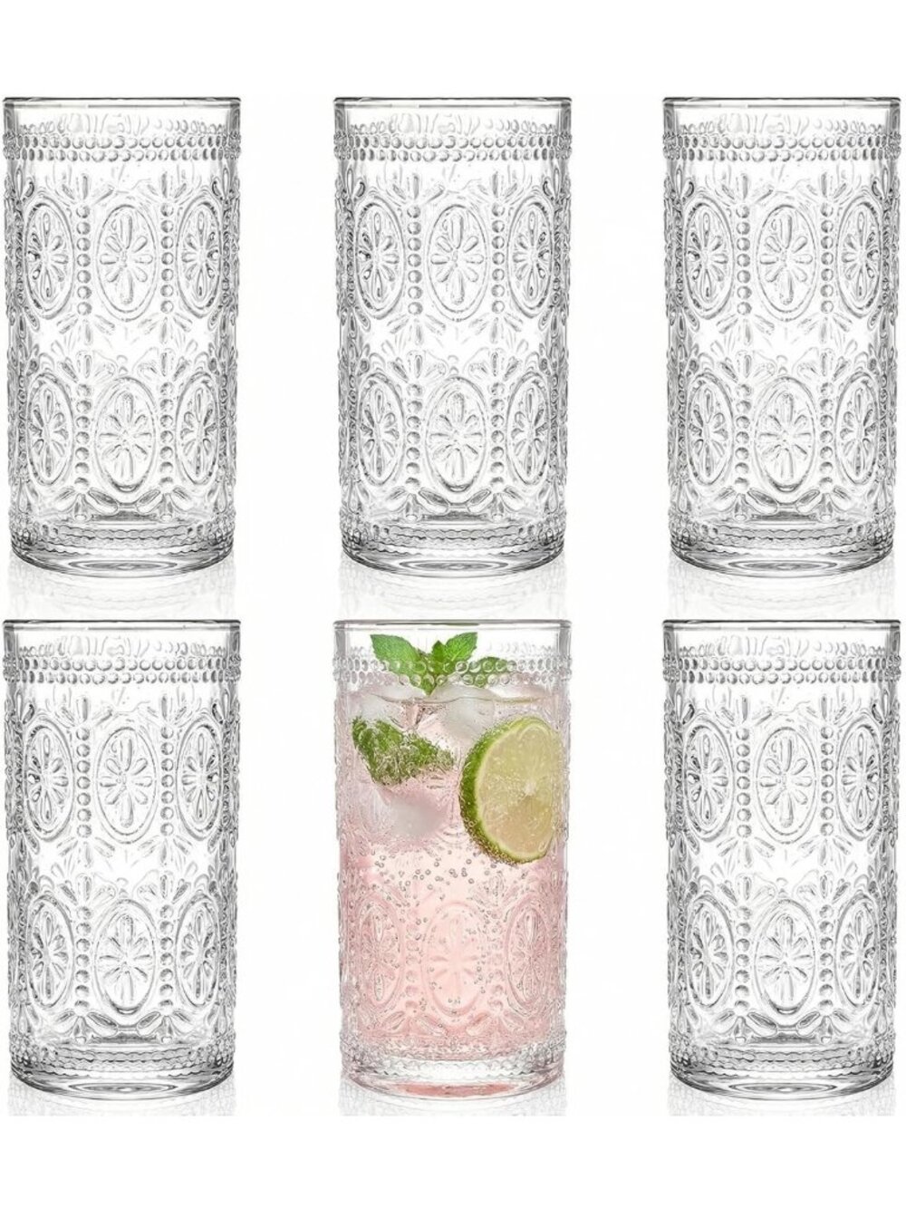 Set of 6 Vintage Highball Glasses - 12 oz Thick Drinking Cups for Cocktails